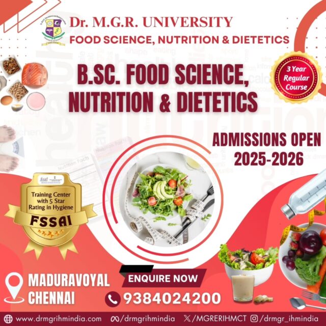 Our UG program in Food Science, Nutrition and Dietetics offers expert faculty, hands-on experience, and cutting-edge research to help you develop the knowledge and skills needed to excel in this field. 

Admissions Open 2025-2026
🔗 Enquire now (link in bio) 

#mgreri #drmgrihmindia #foodscience #nutrition #dietetics #admissionsopen