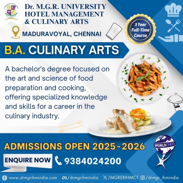 Our B.A. Culinary Arts program offers specialized knowledge and skills for career in the culinary industry with state-of-the-art facilities and expert faculty. Join now to learn at the Chefs Incubation Centre of India.

Admissions Open 2025-2026
🔗 Enquire now (link in bio) 

#mgreri #drmgrihmindia #CulinaryArts #admissionsopen