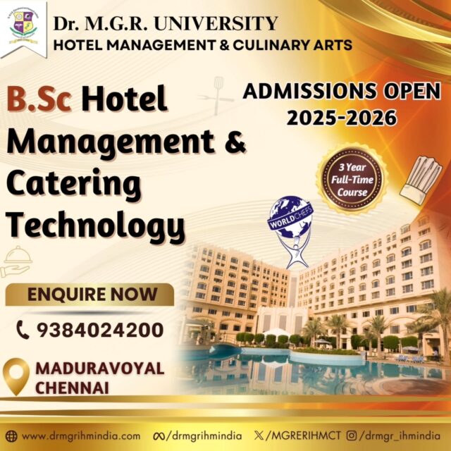 Develop your leadership prowess and embark on a rewarding career in the hospitality industry. Our Hotel Management and Catering Technology program at MGRERI empowers aspiring hotel managers. Take charge of your future!

Admissions Open 2025-2026
🔗 Enquire now (link in bio) 

#mgreri #drmgrihmindia #CulinaryArts #bestculinarycollege #bestculinarytraining #hotelmanagement #cateringtechnology #tophotelmanagementcollege #admissionsopen