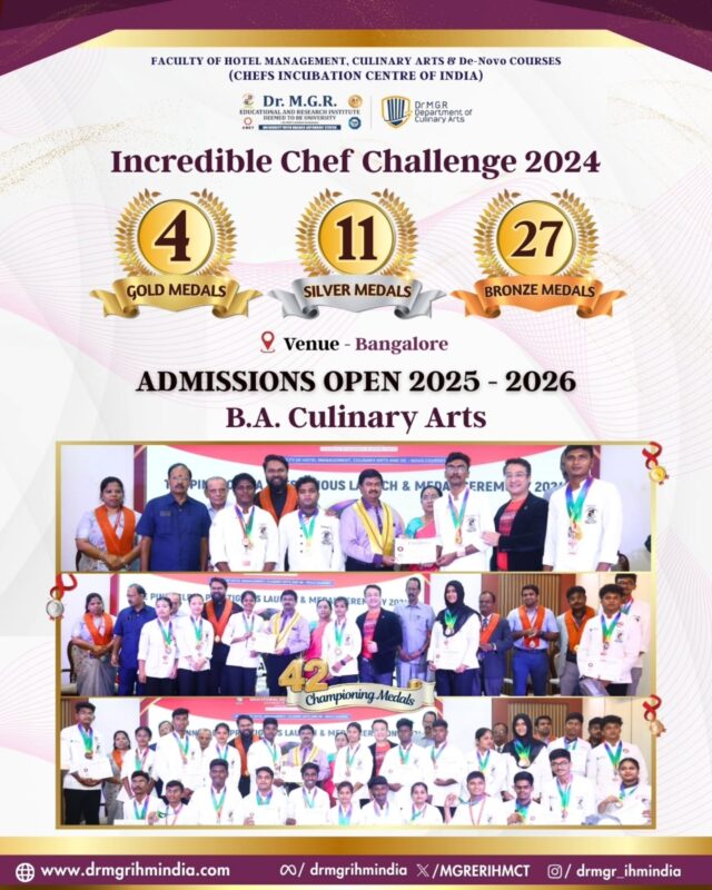 Throwback to Proud Moments!

Our students shone bright at the Incredible Chef Challenge 2024 in Bangalore, winning an impressive 4 Gold, 11 Silver, and 27 Bronze medals - a total of 42 champion medals! What a memorable experience for them in the Garden City of India!

Admissions Open 2025-2026
📌 B.A. Culinary Arts
📌 B.Sc. Hotel Management & Catering Technology

🔗 Enquire now (link in bio) 

#mgreri #drmgrihmindia #admissionsopen #CulinaryArts #hotelmanagement #cateringtechnology #bestculinarycollege #tophotelmanagementcollege #throwback