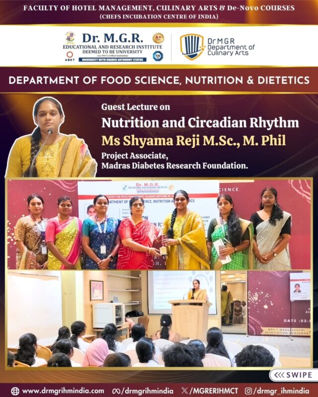 Glimpses of the guest lecture on "Nutrition and Circadian Rhythm" by the department of  Food Science, Nutrition, and Dietetics featuring Ms. Shyama Reji, M.Sc., M.Phil., Project Associate, Madras Diabetes Research Foundation.

#mgreri #drmgrihmindia #FoodScience #Nutrition #dietetics #guestlecture