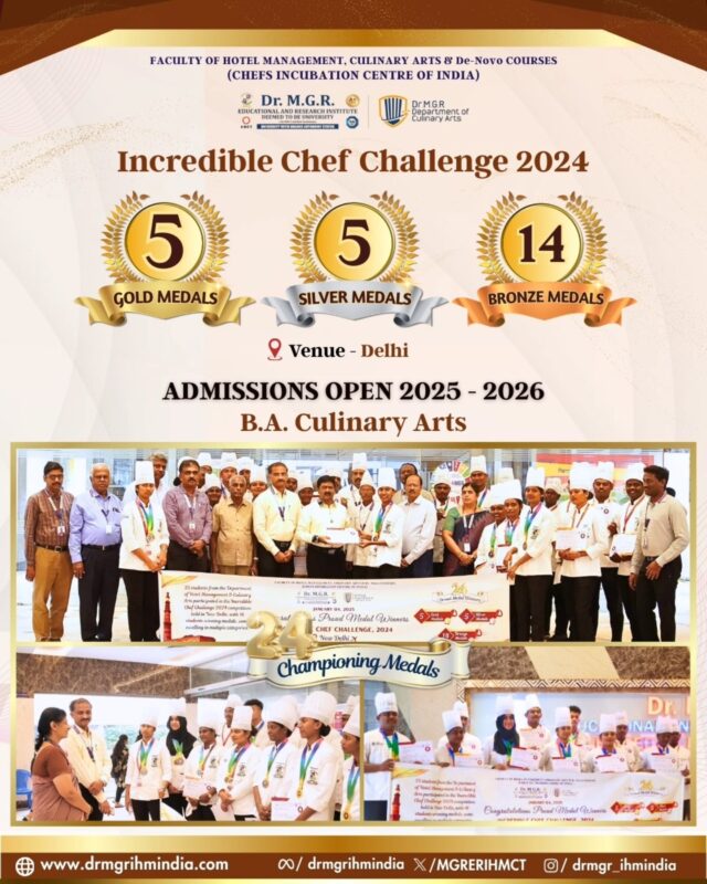 Throwback Tuesday!

Our students shone bright at the Incredible Chef Challenge 2024 in Delhi, winning an impressive 5 Gold, 5 Silver, and 14 Bronze medals - a total of 24 medals! What a memorable experience for them.

Admissions Open 2025-2026
📌 B.A. Culinary Arts
📌 B.Sc. Hotel Management & Catering Technology

🔗 Enquire now (link in bio) 

#mgreri #drmgrihmindia #admissionsopen #CulinaryArts #hotelmanagement #cateringtechnology #bestculinarycollege #tophotelmanagementcollege #throwback #delhi #throwbacktuesday