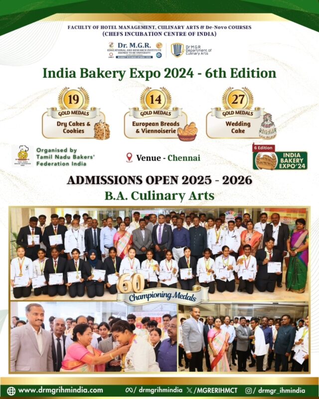Yet another throwback from last year!

Our students did exceptionally well at the India Bakery Expo 2024 (6th edition), winning 60 Gold medals across 3 categories! This achievement showcases their baking skills and makes for a memorable experience.

Admissions Open 2025-2026
📌 B.A. Culinary Arts
📌 B.Sc. Hotel Management & Catering Technology

🔗 Enquire now (link in bio) 

#mgreri #drmgrihmindia #admissionsopen #CulinaryArts #hotelmanagement #cateringtechnology #bestculinarycollege #tophotelmanagementcollege #throwback