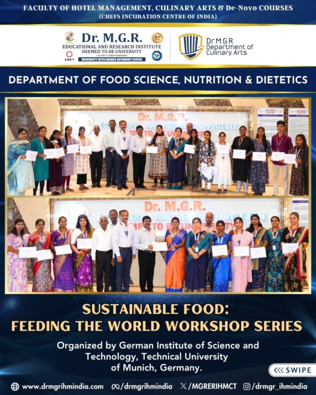 Our Hon’ble President felicitated 32 students and 8 faculty members from the  Department of Hotel Management & Culinary Arts & Department of Food  Science, Nutrition and Dietetics with certificates for their participation in the 'Sustainable Food: Feeding the World' workshop series by the German Institute of Science and Technology, Technical University of Munich, Germany.

#mgreri #drmgrihmindia #hotelmanagement #cateringtechnology #CulinaryArts #FoodScience #Nutrition #dietetics #workshop